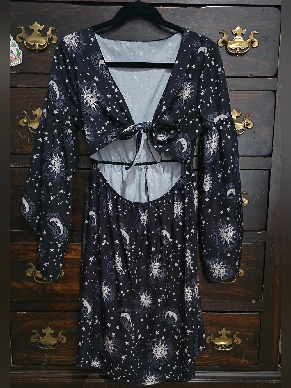Romwe Black Celestial Print Tie Front Dress with Bell Sleeves size Large